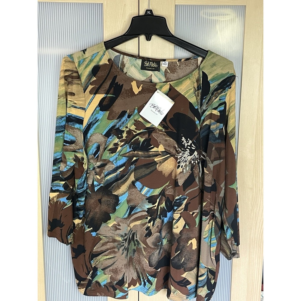 Bob Mackie Wearable Art Brown Green 3/4 Sleeve Sz 3X Blouse Artsy Retro Boho NWT